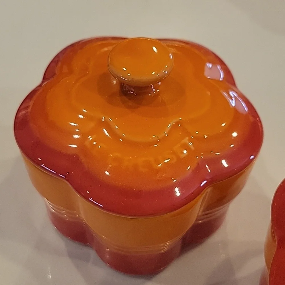 New Le Creuset Flame Orange Flower Cocotte Pair